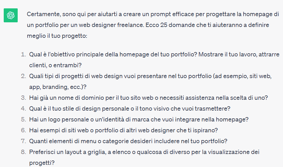 Esempio di domande che ChatGPT può chiedere per aiutare a suggerire la struttura di un sito web