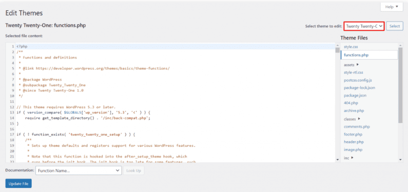 Screenshot che mostra il file Functions.php in fase di modifica