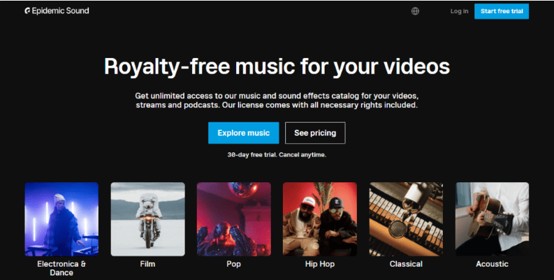 Homepage del sito web di Epidemic Sound