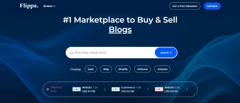 Homepage del sito web di Flippa