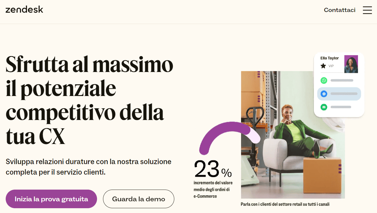 Homepage del sito web di Zendesk
