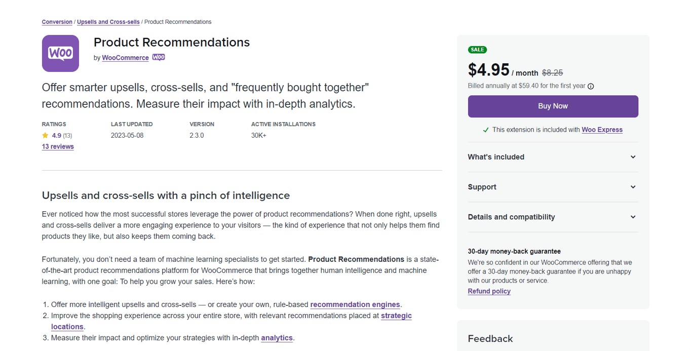Landing page del componente aggiuntivo Raccomandazioni sui prodotti WooCommerce