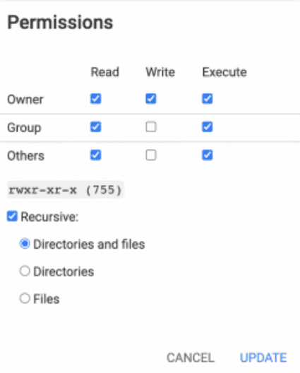 La finestra Autorizzazioni sul File Manager