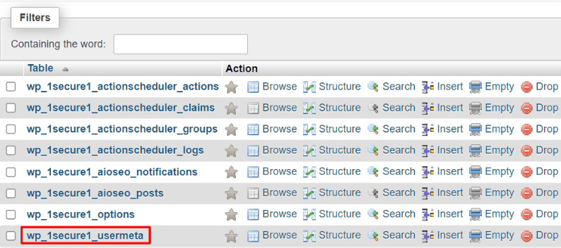 Screenshot di un elenco di tabelle phpMyAdmin