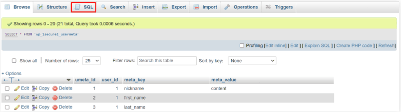 Screenshot che mostra il menu di phpMyAdmin
