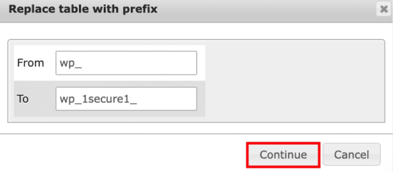 La tabella Sostituisci prefissi tabella su phpMyAdmin. Il pulsante Continua &egrave; evidenziato