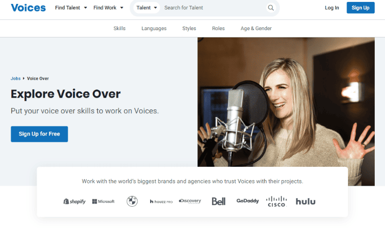 La pagina Voice Over sul sito web Voices