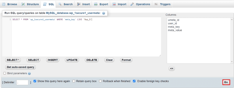 Screenshot dell'editor di query SQL con il codice SELECT * FROM in uso