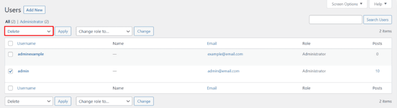 Screenshot della scheda utenti di WordPress