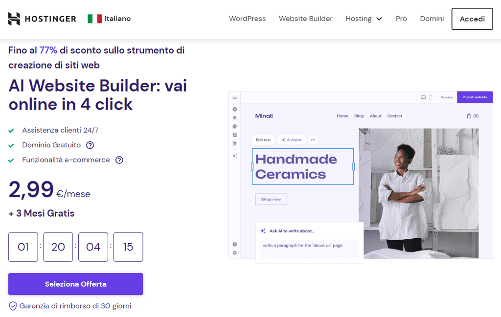 Pagina del website builder di Hostinger