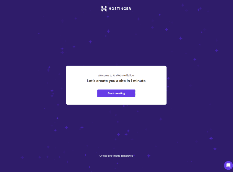 Flusso di onboarding AI del Website Builder di Hostinger, che chiede agli utenti di fare clic sul pulsante per creare un sito in un minuto