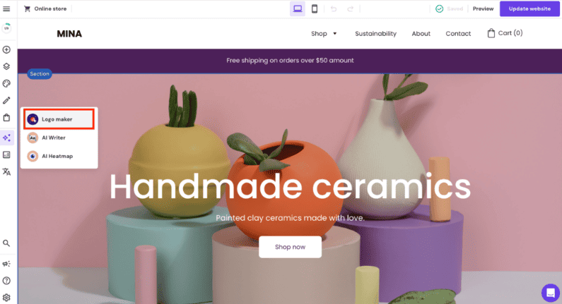 Logo Maker nella barra laterale del Website Builder di Hostinger