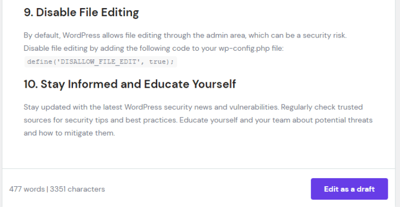 Una bozza di contenuto generata dall'AI Assistant WordPress di Hostinger
