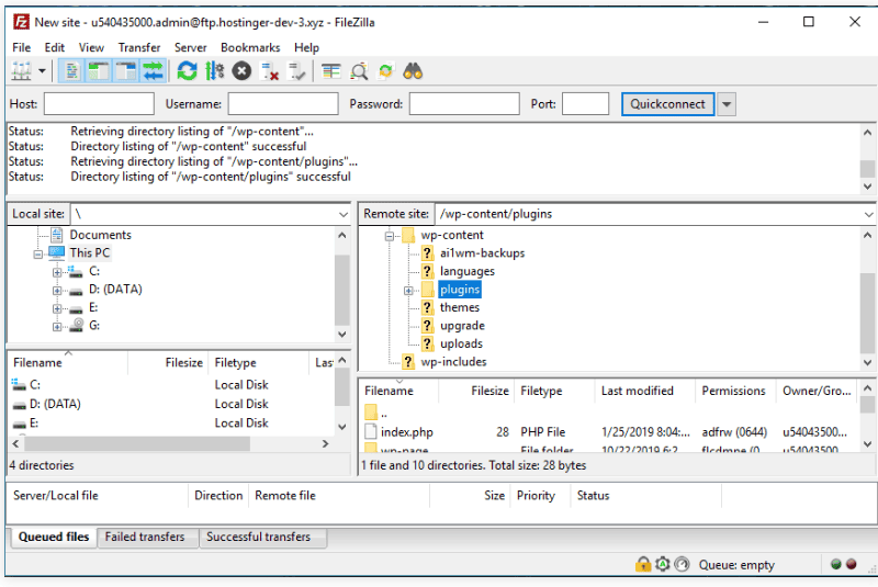 Schermata che mostra come caricare la cartella wp-content/plugins/