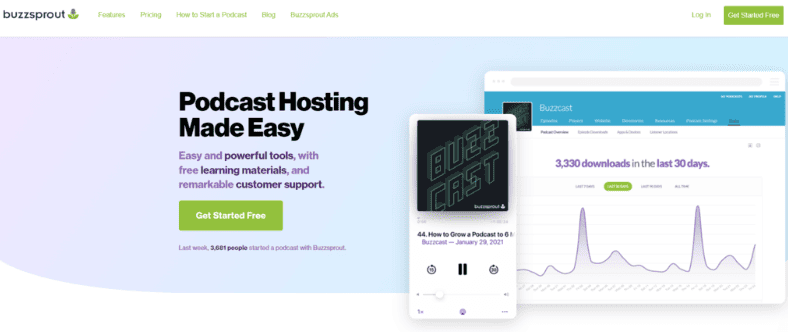 Homepage di Buzzsprout, un software di podcasting