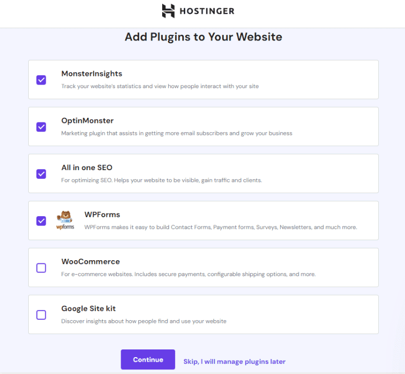 Pannello di selezione dei plugin su hPanel
