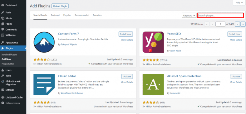 Pagina Aggiungi plugin su WordPress