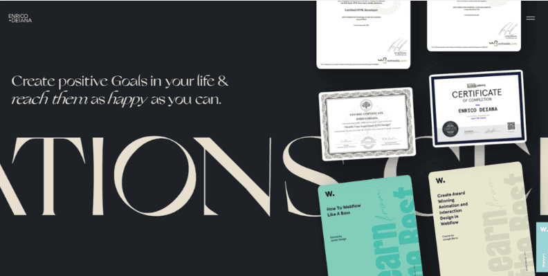 La pagina About sul sito personale di Enrico Deiana, contenente numerosi certificati e premi