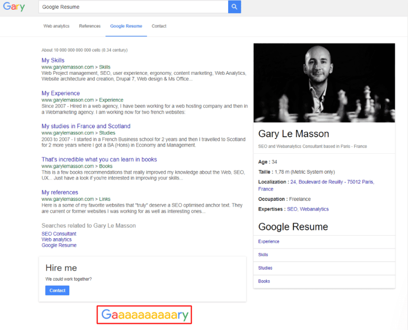 Pagina del curriculum di Gary Le Masson, ispirata ai risultati di ricerca di Google