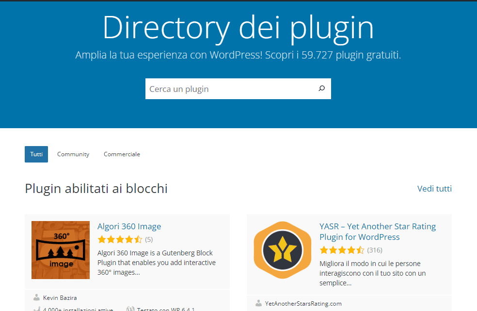 Pagina dei plugin wordpress