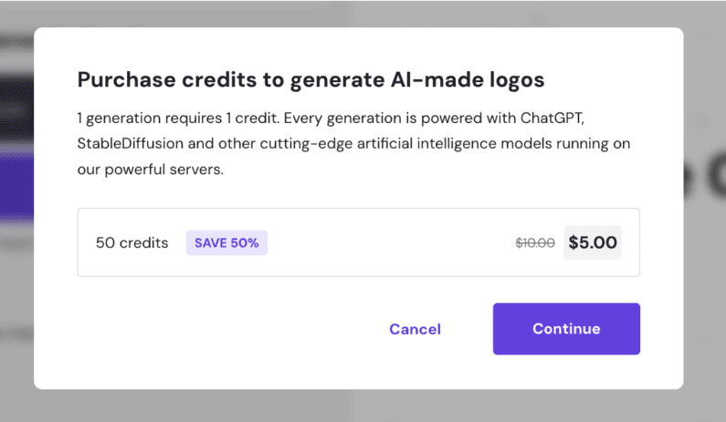 Popup acquista crediti per il logo