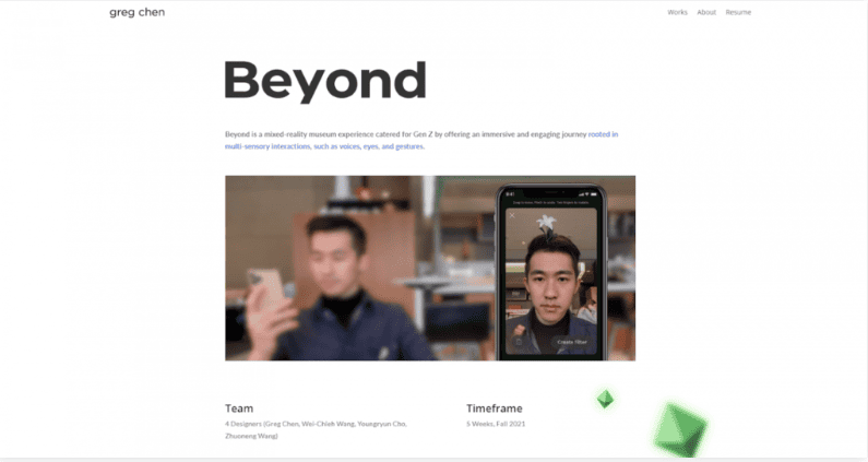Una pagina del progetto sul portfolio di Greg Chen che mostra il video e la descrizione del progetto