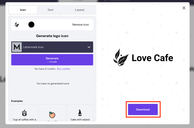 Primo piano delle opzioni di modifica del logo con il pulsante Download evidenziato