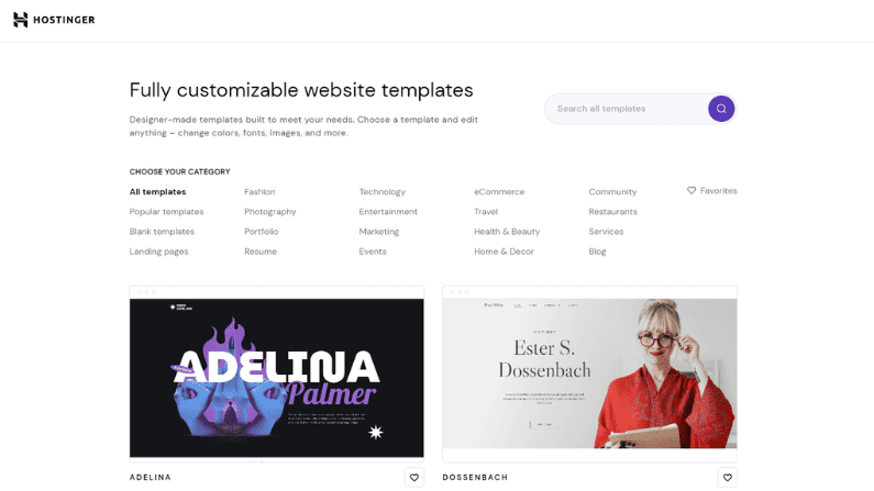 Template del website builder di Hostinger