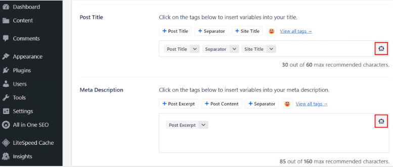 Caselle di testo del titolo del post e della meta descrizione di AIOSEO con le icone del robot evidenziate