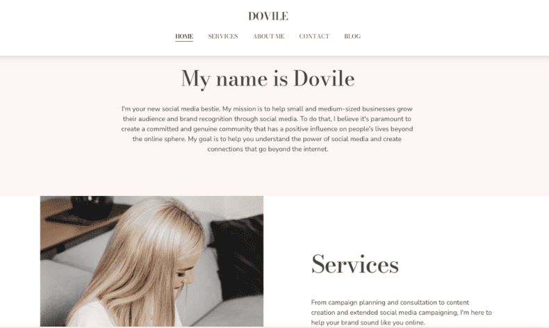 Layout del template Dovile del Website Builder di Hostinger