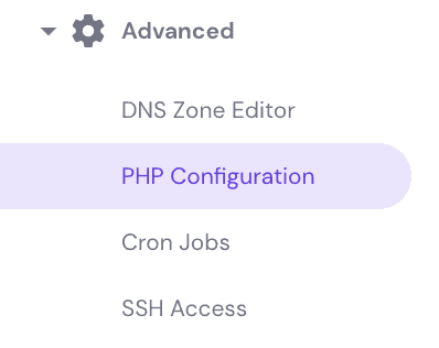 Sezione avanzata del menu di sinistra di Hostinger con la configurazione PHP evidenziata