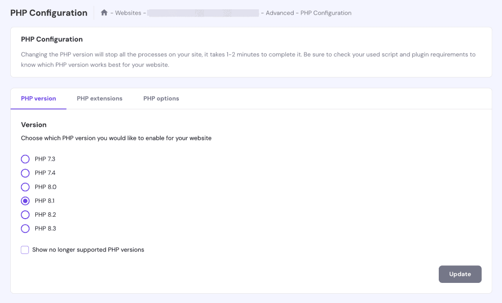 Impostazione phpConfiguration di hPanel per phpVersion