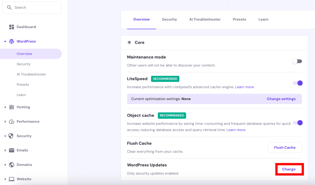 Sezione Aggiornamenti di WordPress su hPanel. Il pulsante Modifica &egrave; evidenziato.