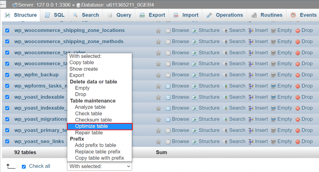 L'opzione di ottimizzazione della tabella su phpMyAdmin