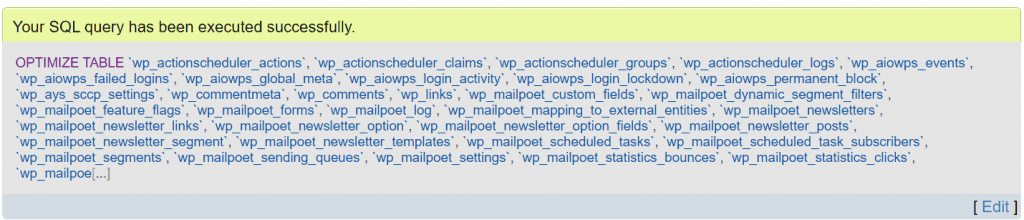 Il messaggio della tabella di ottimizzazione