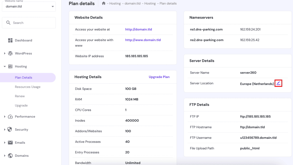 La pagina dei dettagli del piano su hPanel. Il pulsante di trasferimento del server &egrave; evidenziato.