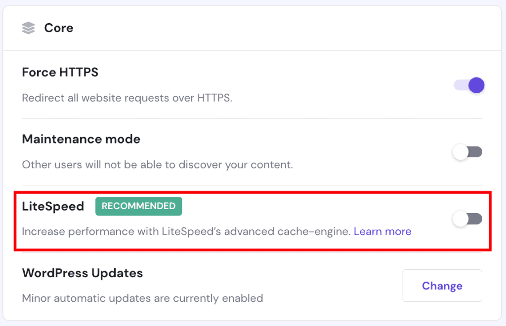 La pagina di panoramica di WordPress su hPanel. Il pulsante "Abilita LiteSpeed" &egrave; evidenziato.