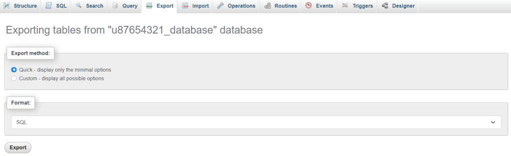 Esportazione di un database su phpMyAdmin