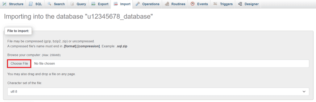 Importazione di un database su phpMyAdmin