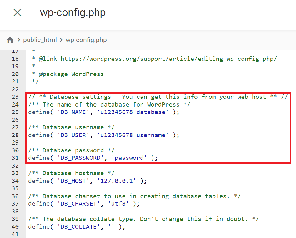 Modifica delle impostazioni del database nel file wp-config.php