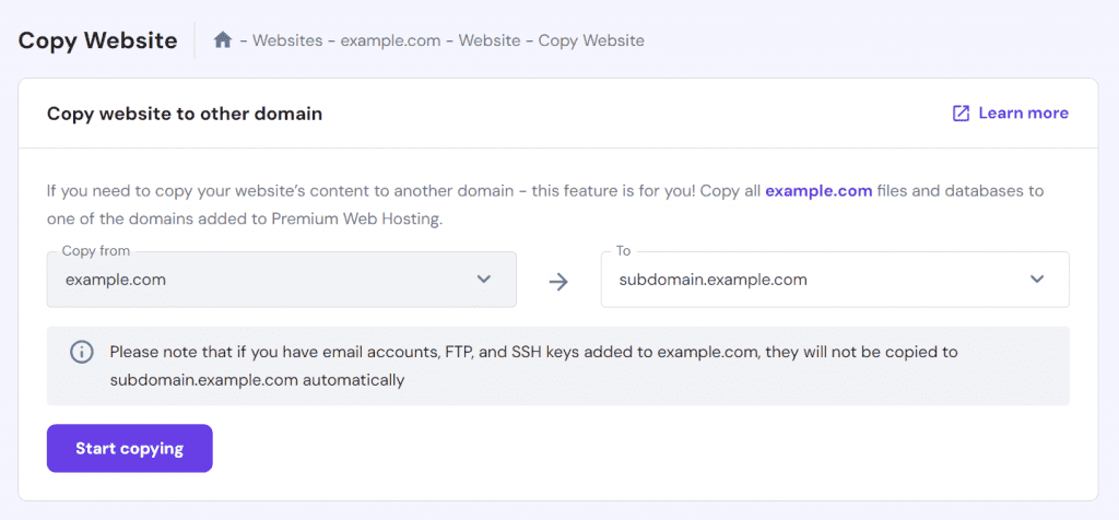 Accesso al menu Copia sito web su hPanel