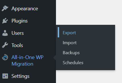 Accesso al menu Esporta di All-in-One WP Migration nella dashboard di WordPress
