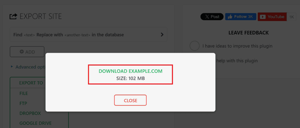 Scaricare il file del sito web dal menu ESPORTA SITO della dashboard di WordPress