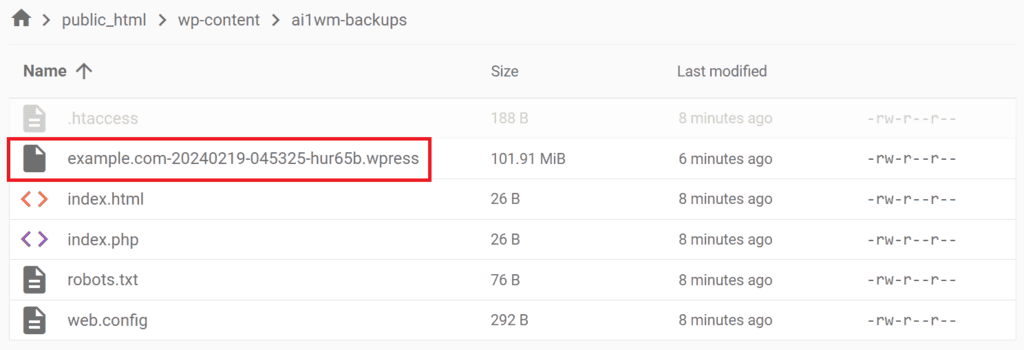 Caricamento del file del sito Web WPRESS nella directory ai1wm-backups