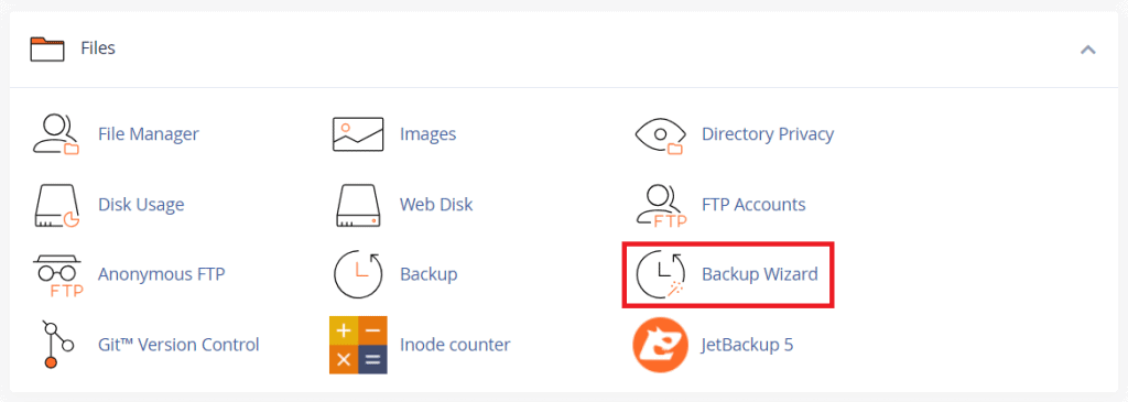 Accesso al menu Backup Wizard su cPanel