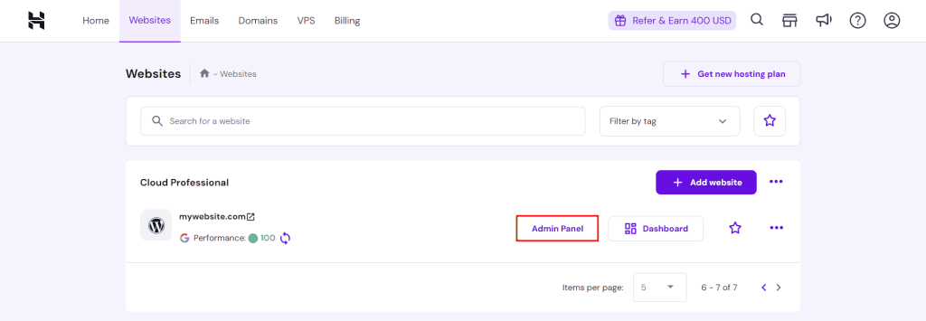 Seleziona il pulsante pannello di amministrazione su hPanel per accedere direttamente alla dashboard di WordPress