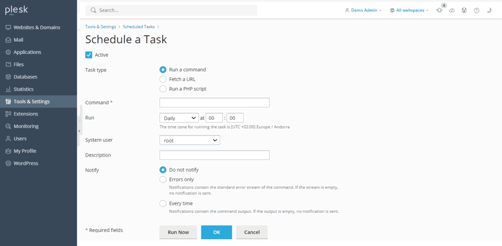 Menu delle impostazioni delle attivit&agrave; pianificate di Plesk