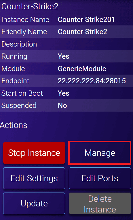 Il pulsante Gestisci per accedere all'istanza di Counter-Strike 2