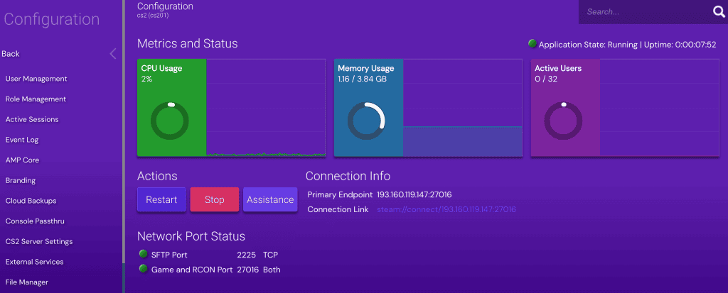 Menu di configurazione dell'istanza del pannello di gioco di Hostinger