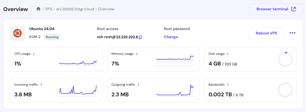 La schermata Panoramica VPS in hPanel, con i dettagli di accesso SSH nella parte superiore